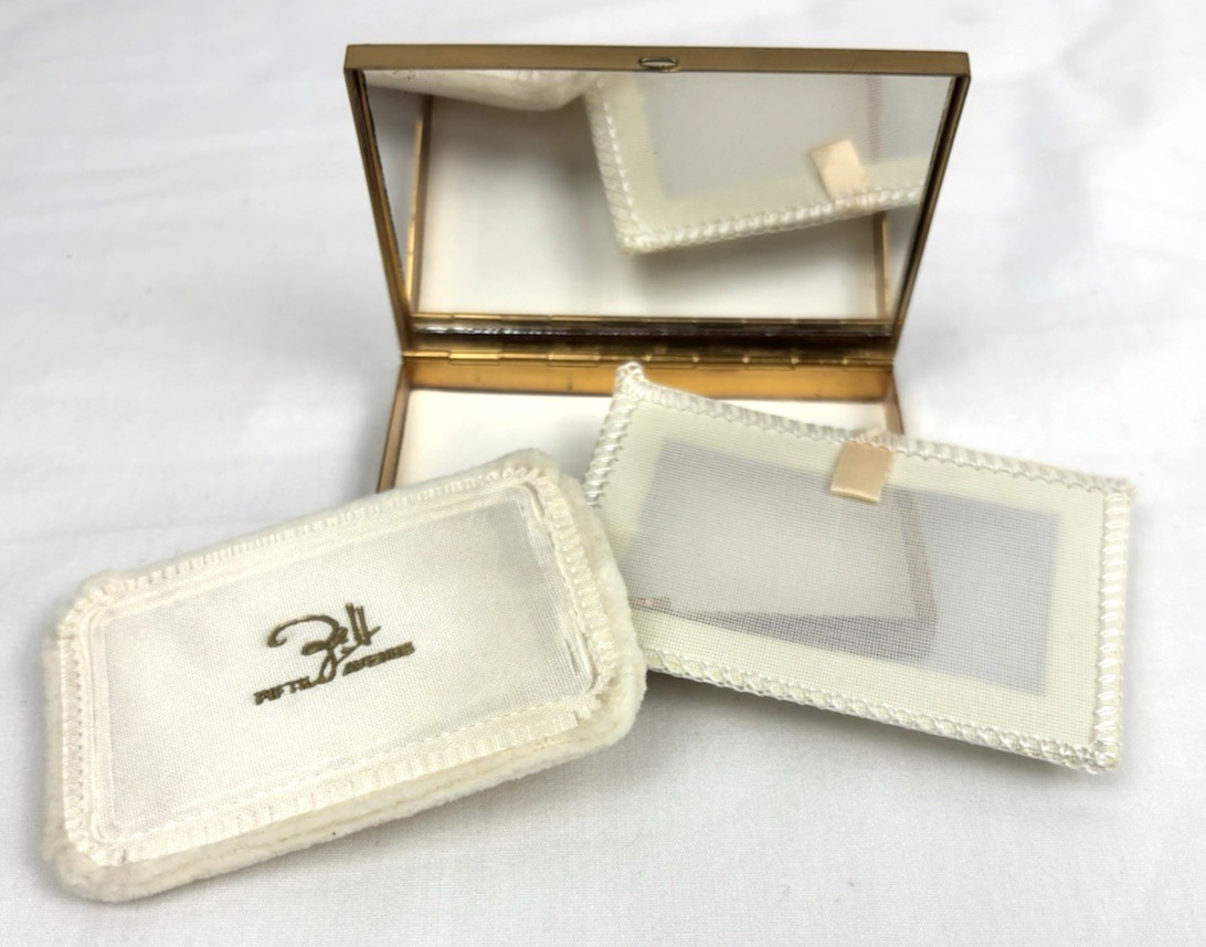 Rare VTG ZELL 5th AVENUE White & Gold Tone Mirrored Powder Compact with PUFF