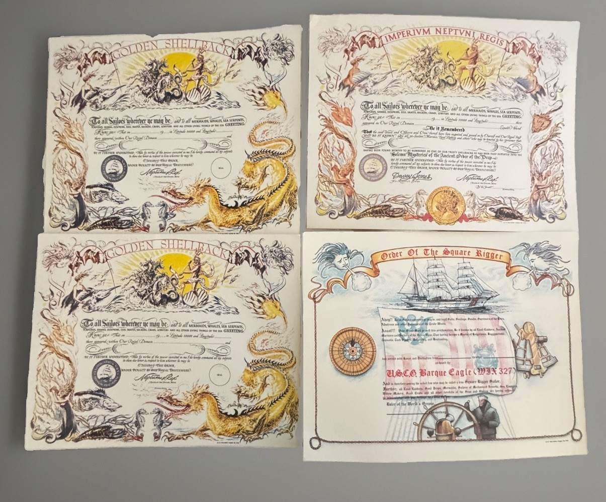 4 Golden Shellback Imperium Neptuni Regis USCG Eagle Blank Naval Certificate Lot
