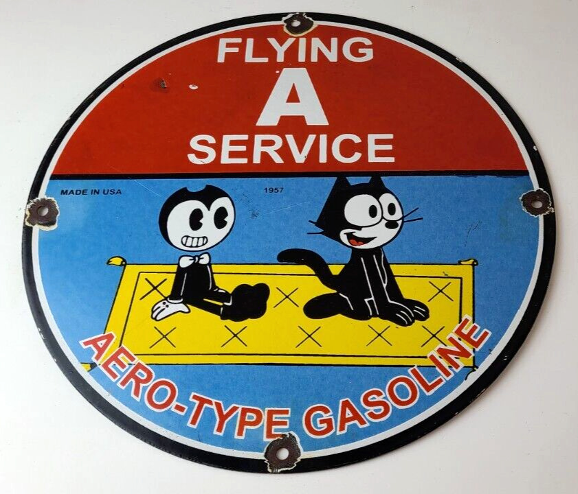 Vintage Flying A Gasoline Sign - Felix the Cat Sign - Porcelain Gas Pump Sign