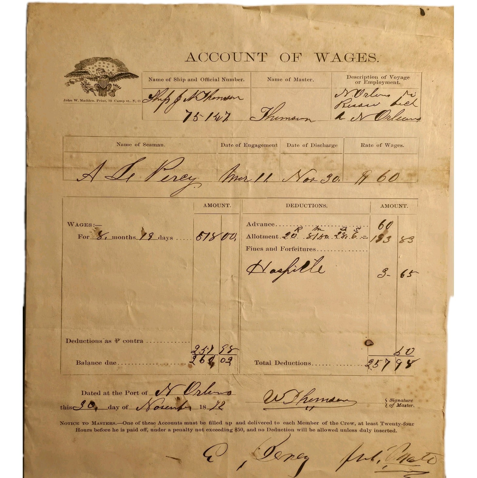 1872 Ship J.A. Thompson Wage Account – New Orleans to Russia Voyage