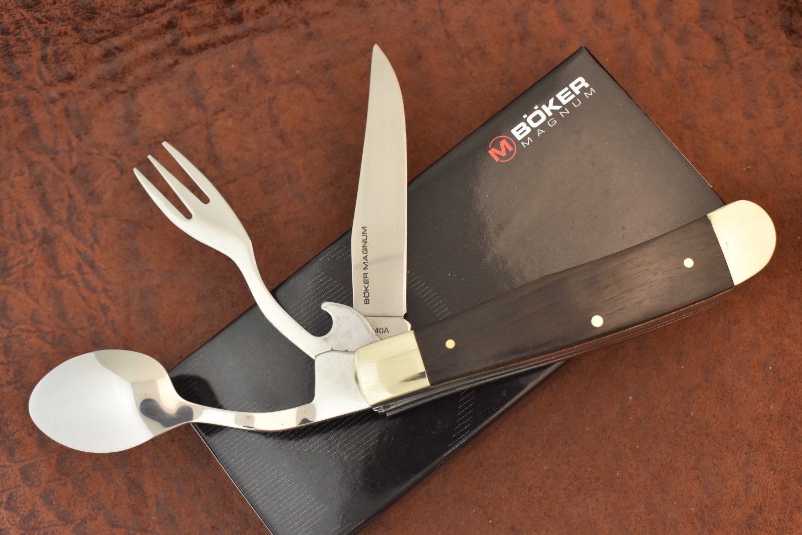 BOKER MAGNUM TREE BRAND SMOOTH EBONY WOOD HOBO TRAPPER KNIFE FORK & SPOON NICE