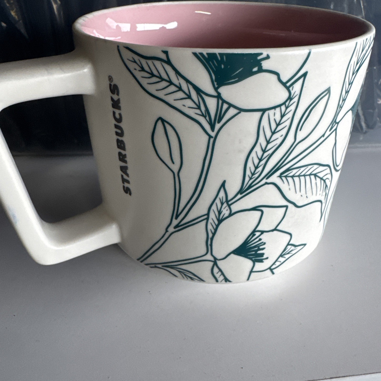 2019 Starbucks Spring Teal Floral Outlined 14 oz Ceramic Coffee Mug Pink Inside