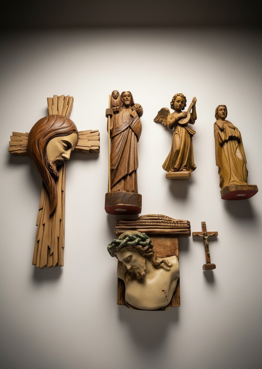 6pc Vintage Antique Religious Bundle Wood Carved Italy Catholic Devotional Set