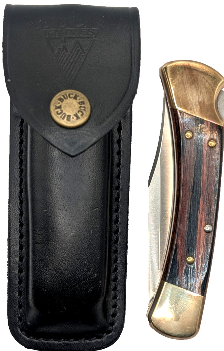 Vintage 1998 Buck 110 Folding Hunter Knife Drummond American Etch Blade w/sheath