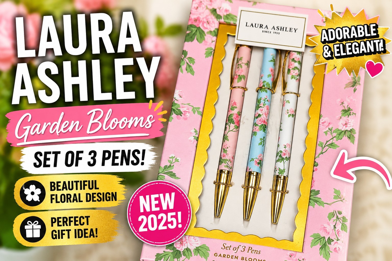 NEW Laura Ashley English Garden Pen Set of 3 Floral Gold-Accent Ballpoint