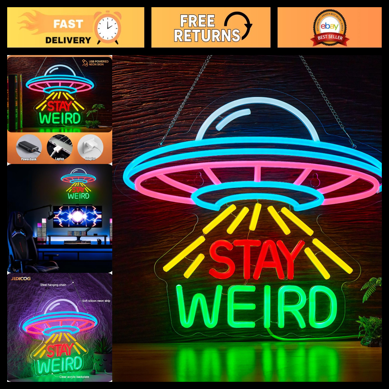 Stay Weird Neon Alien UFO Tractor Beam LED Wall Decor Light - Unique Home Accent