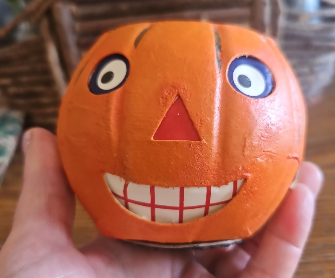 Early Vintage Japan Halloween Paper Mache Folding Pumpkin Jack-o-Lantern