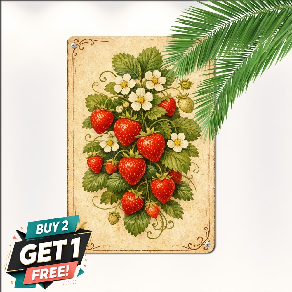 Sweet Juicy Strawberries Garden Fruit Farm Greenhouse Metal Tin Sign Plaque Art