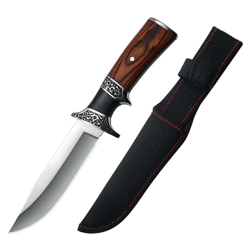10.8 Inch Fixed Blade Outdoor Knife 5Cr13 Stainless Steel Wood Handle Nylon Shea