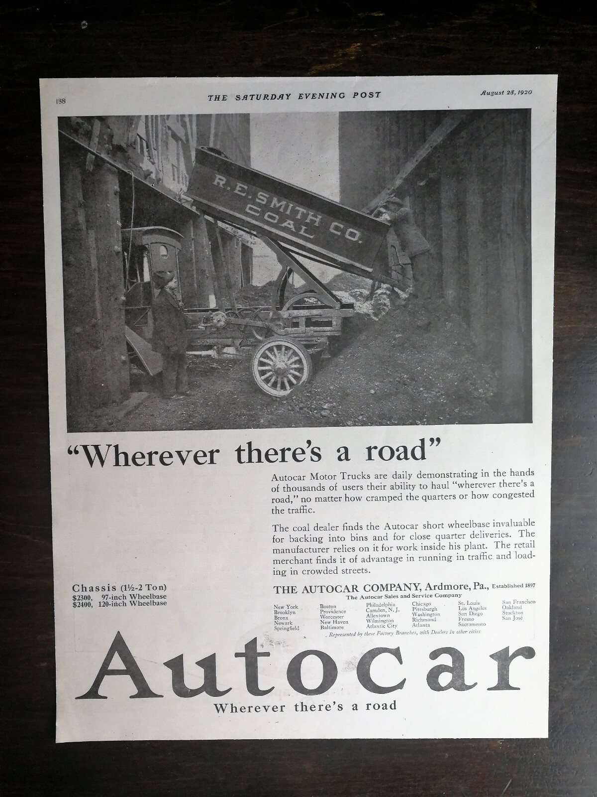 Vintage  1920 Autocar R.E. Smith Co Coal Truck Full Page Original Ad
