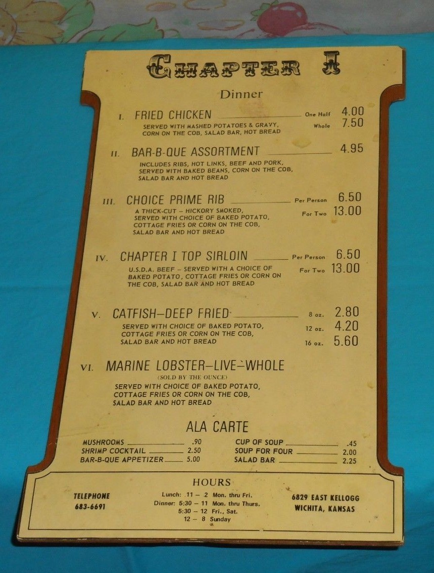 vintage CHAPTER I RESTAURANT MENU Wichita Kansas