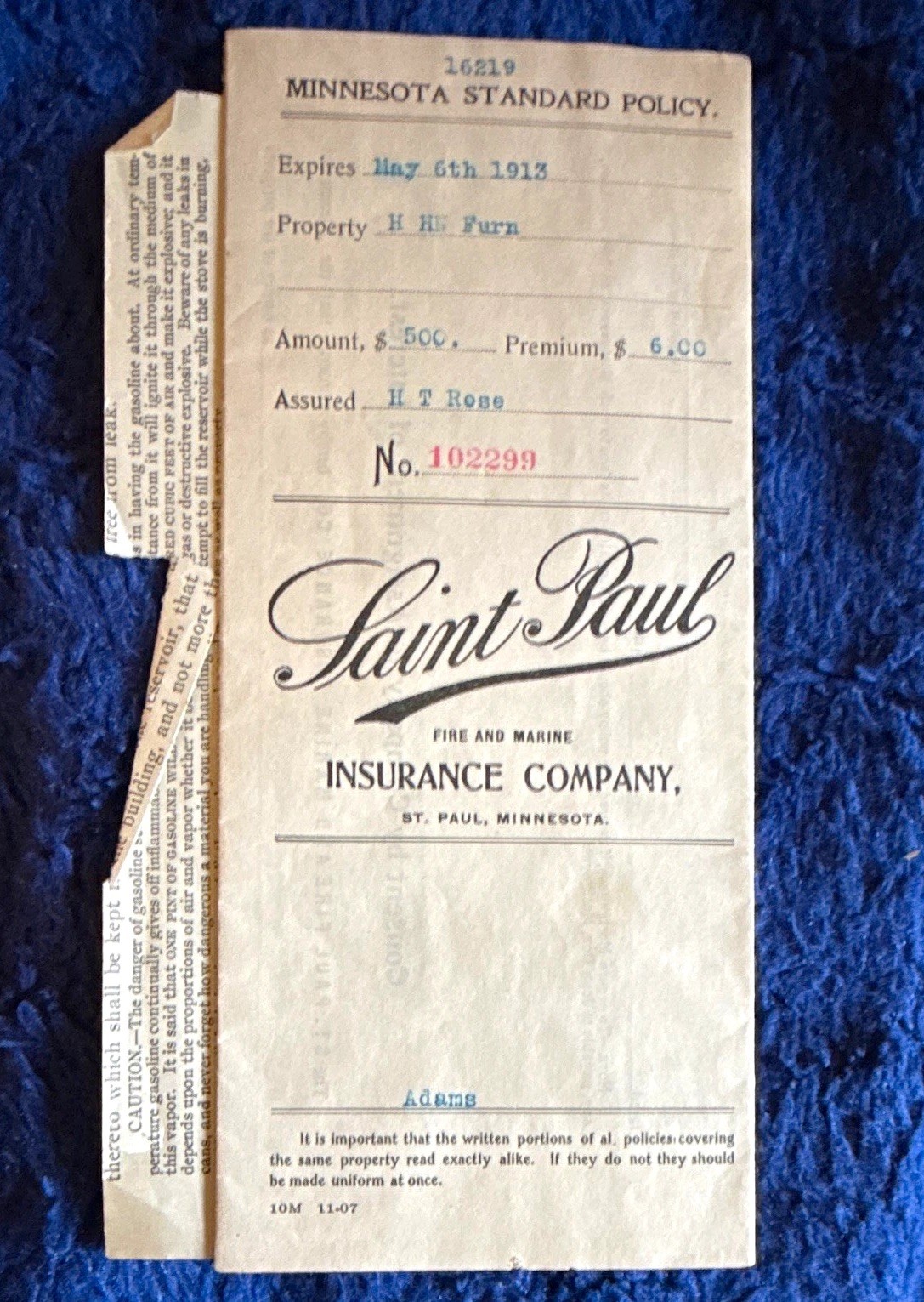 1913 H. T. Rose Deed St Paul Fire & Marine Minnesota Stock Policy With Extras