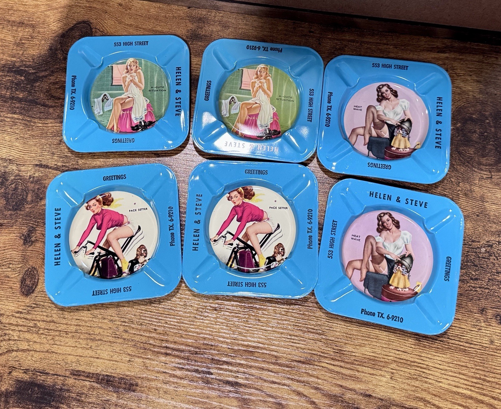 6 Vintage 1950s Pin-Up Tin Ashtray Heat Wave, Pace Setter & A Cute Situation TX
