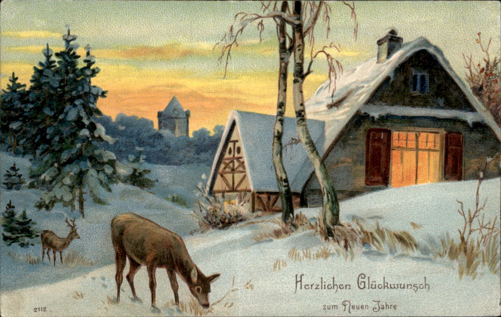 New Year\'s Deer in Snowy Cottage Scene c1900s-10s Vintage Postcard
