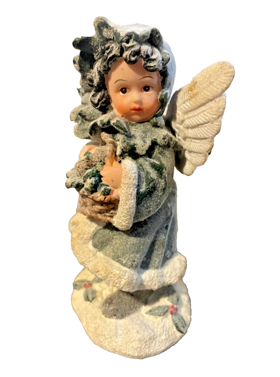 Vintage velvety Angel Figurine 5” Holly berry blueberry basket Christmas resin
