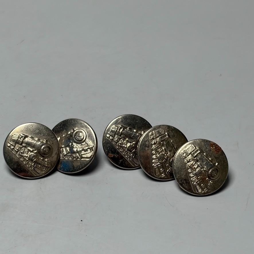 5- Antique Railroad Button Metal Picture Work Locomotive Train Silver Overalls