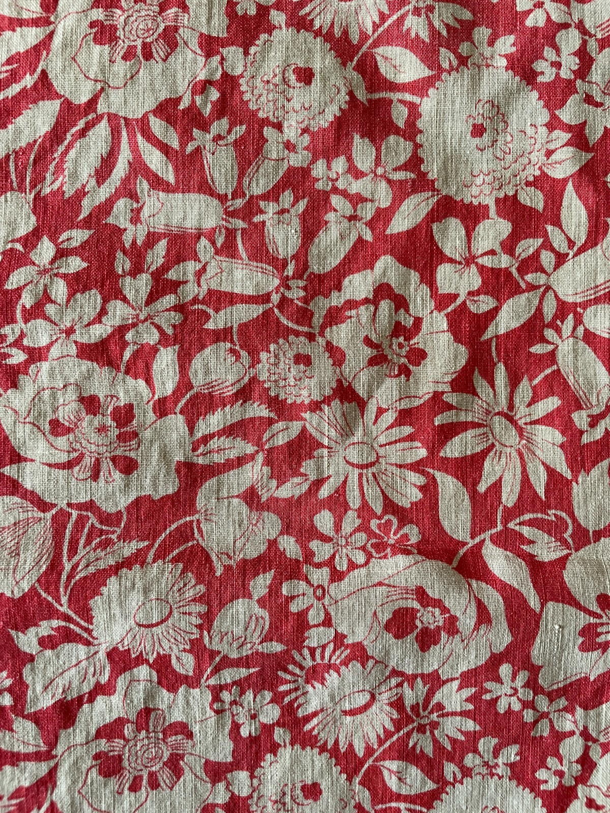 Antique French 1930s Block Printed Cotton Fabric Vintage Floral Drape Curtain