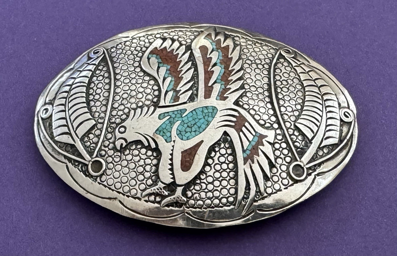 VTG Signed Native American Sterling Silver Gem Inlay Eagle & Feather Belt Buckle
