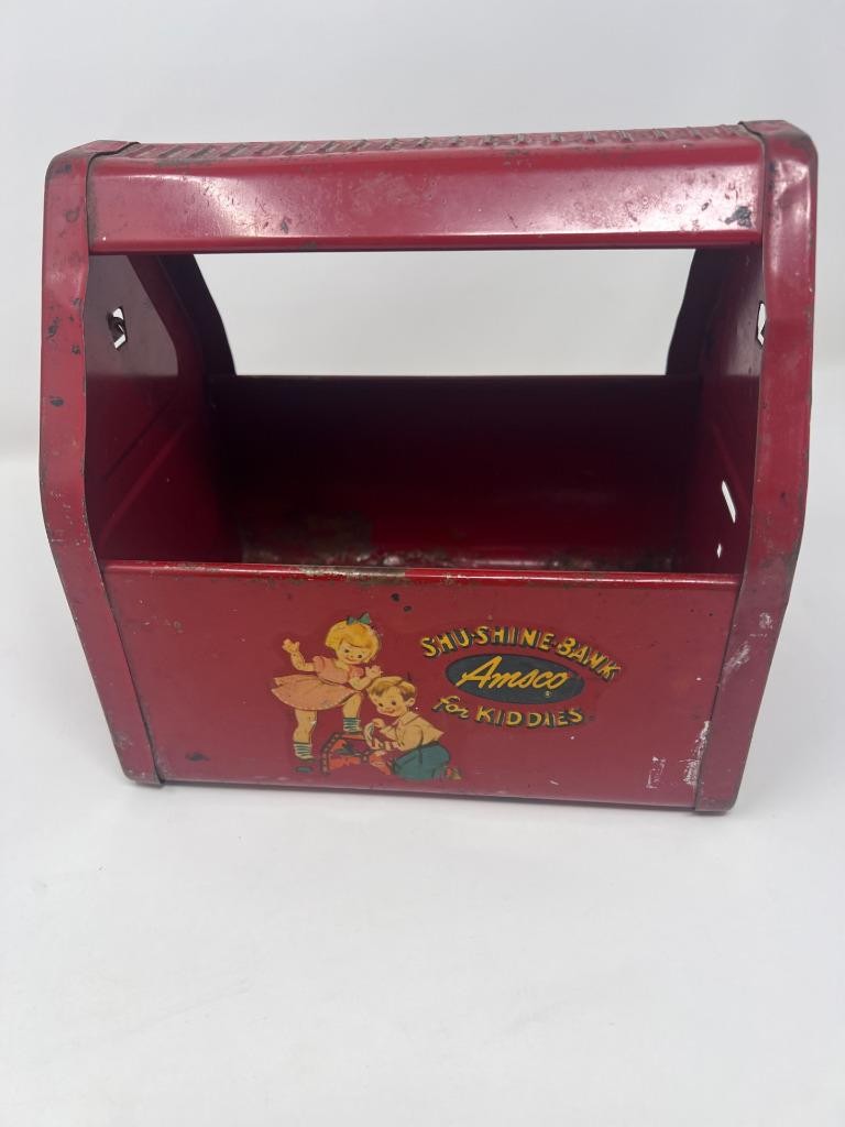 Vintage 1950s Amsco Shu-Shine Kiddie Bank Shoe Box Pressed Steel