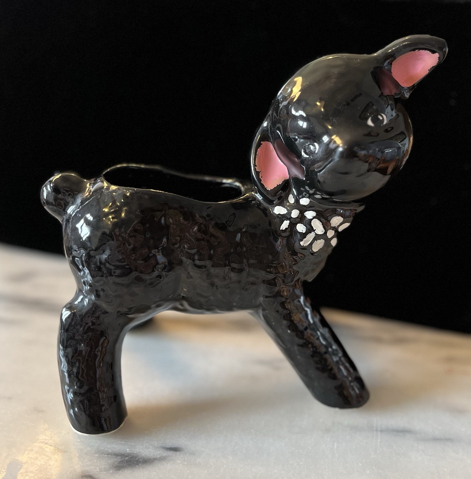 Vintage 1950s Black Lamb Kitschy Ceramic Planter Glossy Nursery Collectible