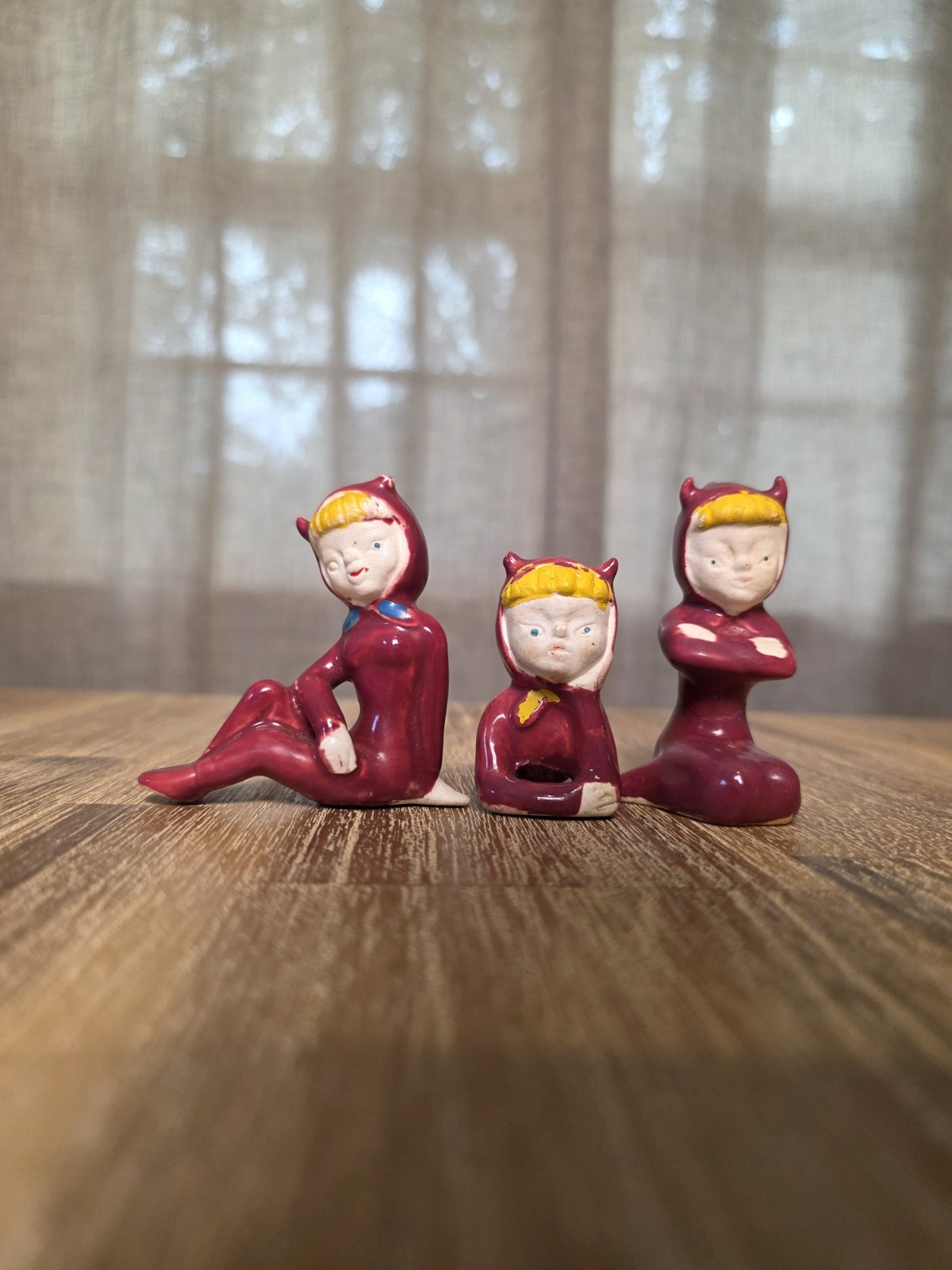 Vtg 1950s Japan Ceramic Devil Pixie Elf Figurine Trio Red MCM Kitsch Set of 3