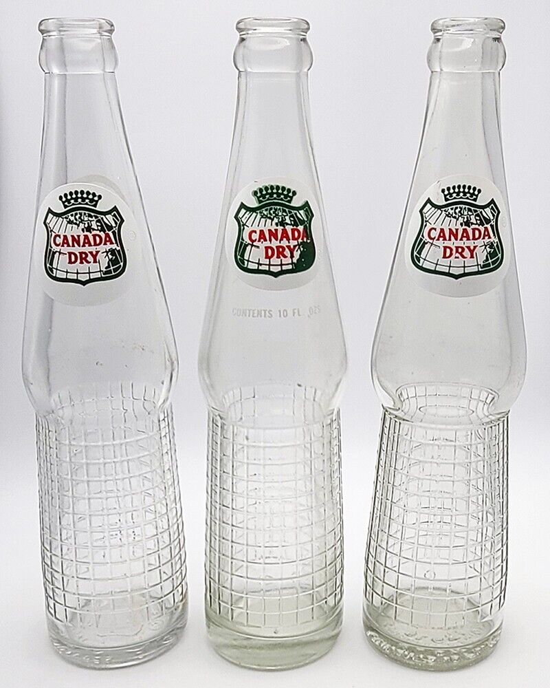Lot of 3 Vintage CANADA DRY Half Grid Embossed 10oz ACL Soda Bottles Clear Glass