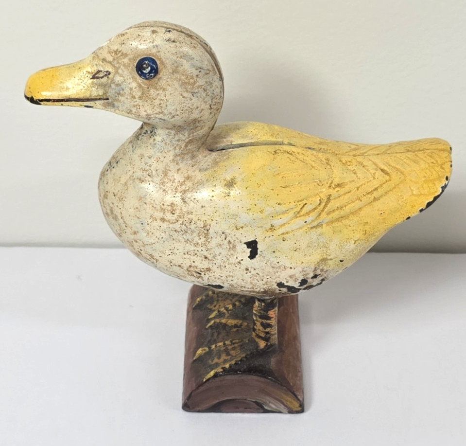 Vintage Hubley Style Cast Iron Duck on Log Still Coin Bank 6\ Vintage Hubley Style Cast Iron Duck on Log Still Coin Bank 6\