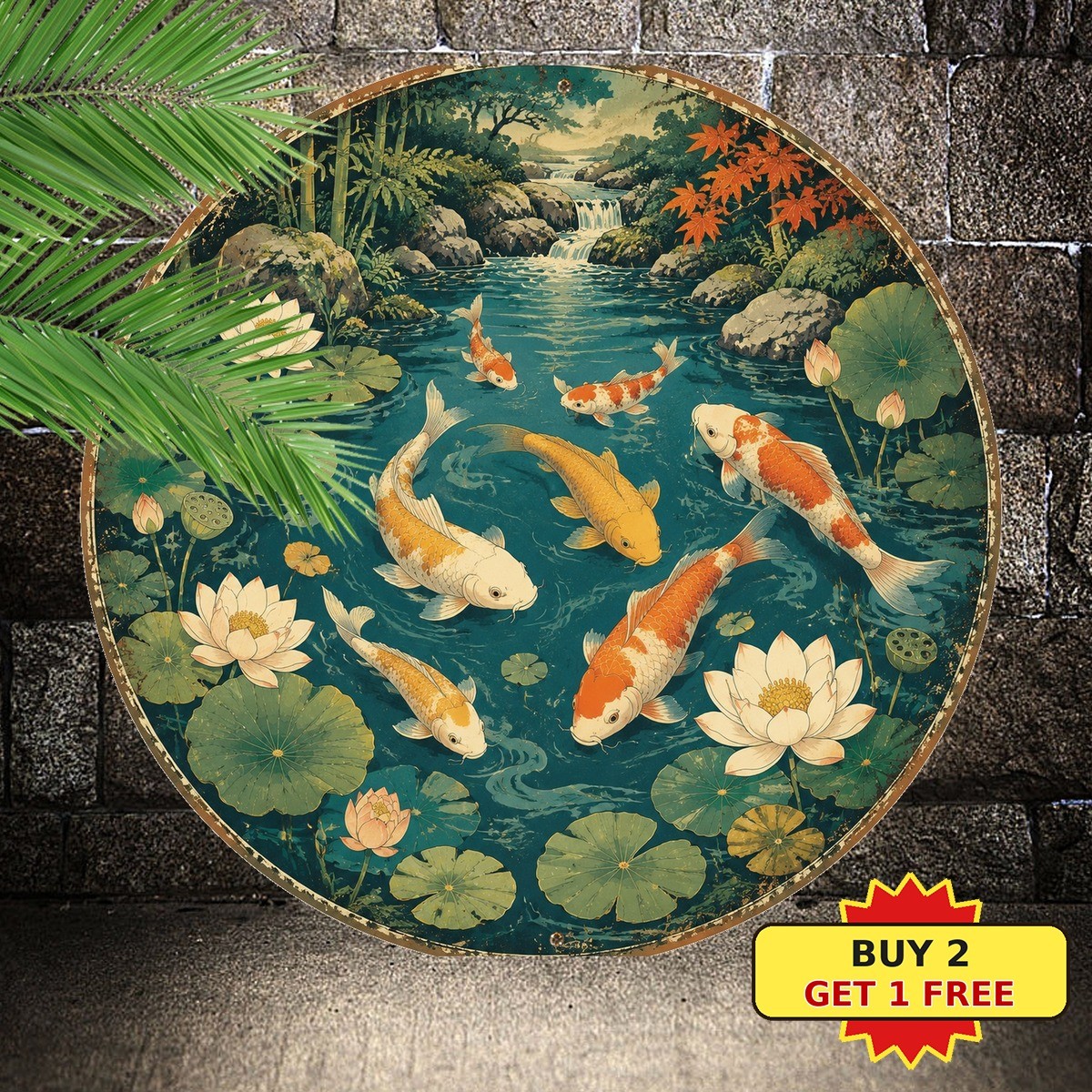 Asian Lotus Koi Round Tin Sign Japanese Style Pond Fish Metal Plaque