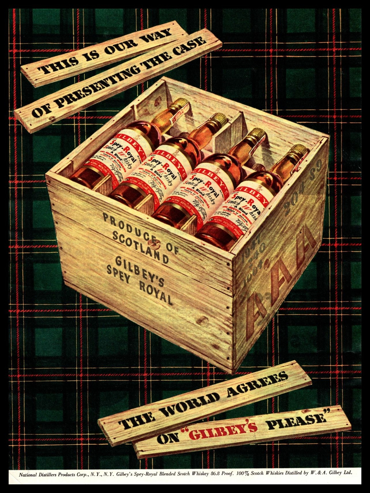 1948 Gilbey\'s Spey-Royal Scotch Whisky Product Of Scotland Wooden Crate Print Ad