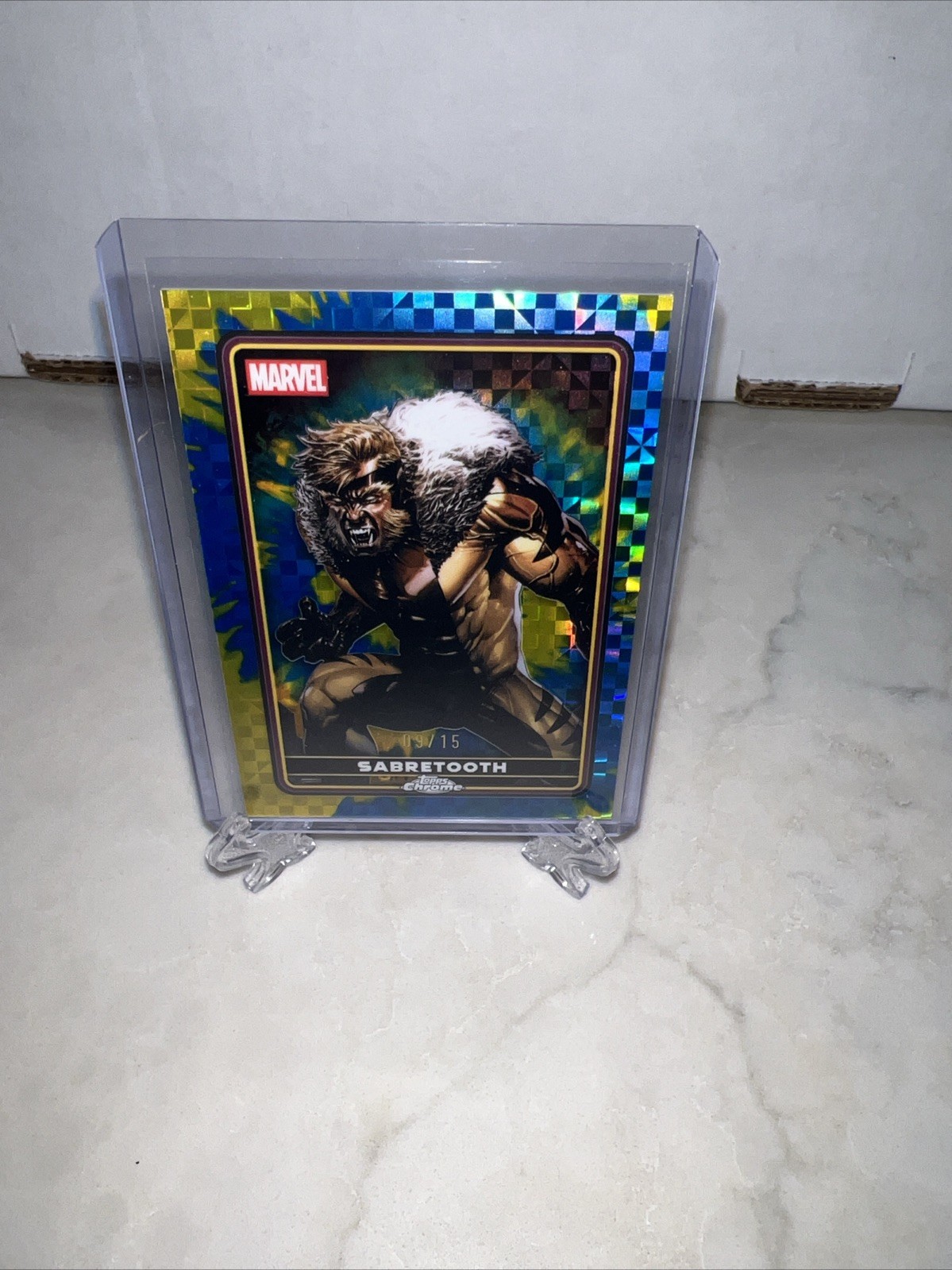 2025 Topps Chrome Deadpool Sabretooth Characters Yellow & Blue X-Fractor #/15