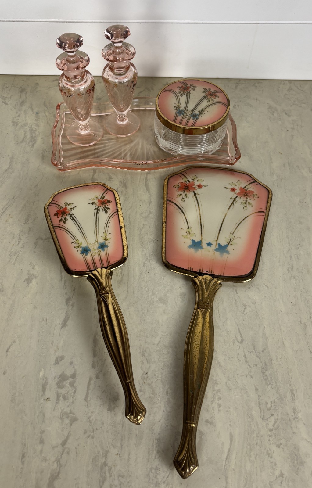 Vintage Gold Tone Pink Vanity Set 6pc Flowered Mirror Brush Perfume Bottles Glam