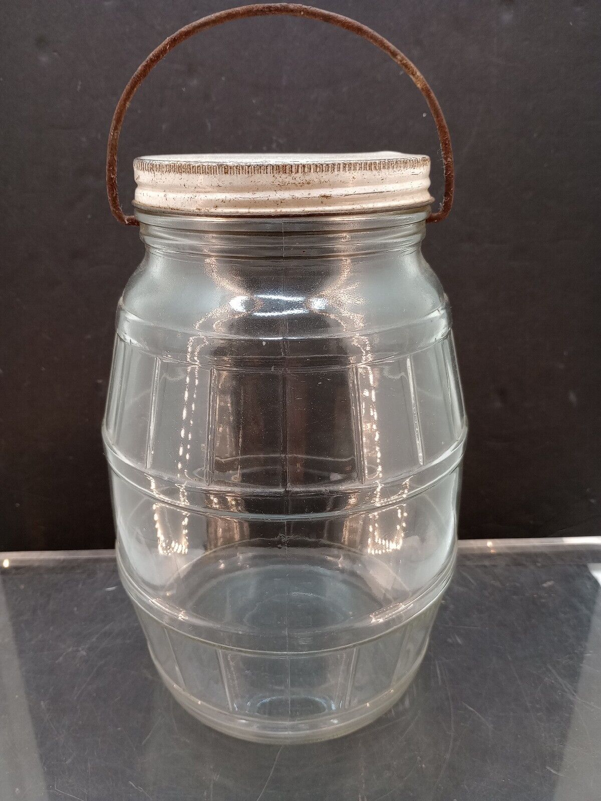 1950’s Owens-Illinois 1 Gal Clear Duraglas Barrel Pickle Jar w/Lid & Bail Handle