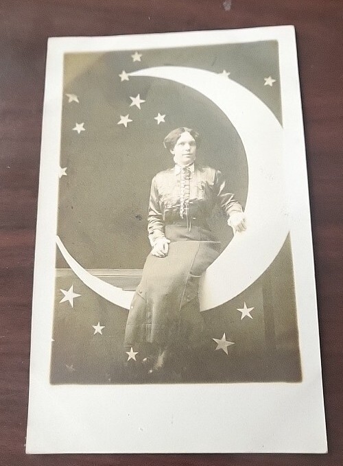 Vintage B&W Real Photo Postcard Studio Lady Sittting Paper Moon RPPC Unposted