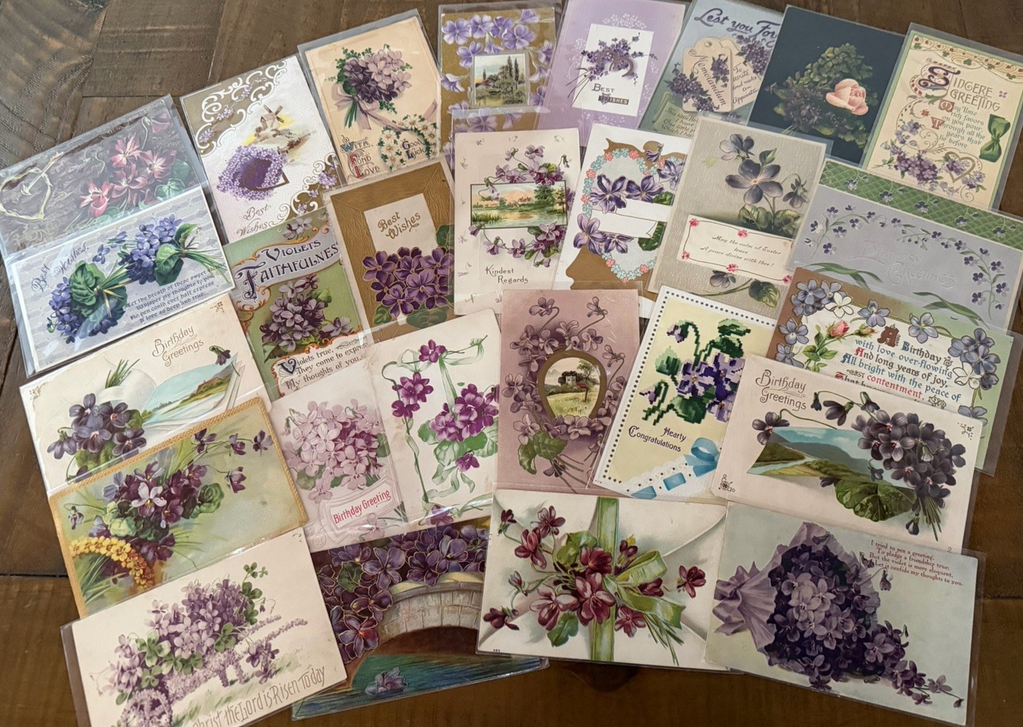 Nice~Lot of 25 ~Antique~Greetings Postcards with Violets Flowers~in Sleeves~s711