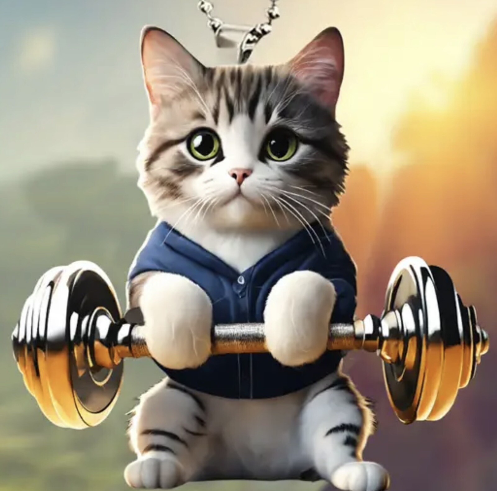 A Strong Cat Lifting Barbells, Rear View Mirror, Acrylic, Hanging Decoration.