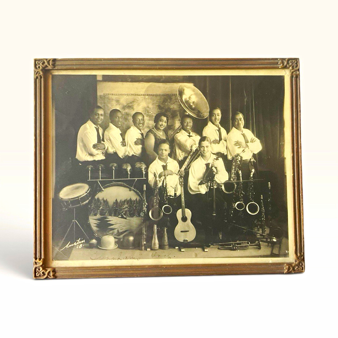 Original 1920s African American Jazz Band Photo Framed Antique Black  Orchestra
