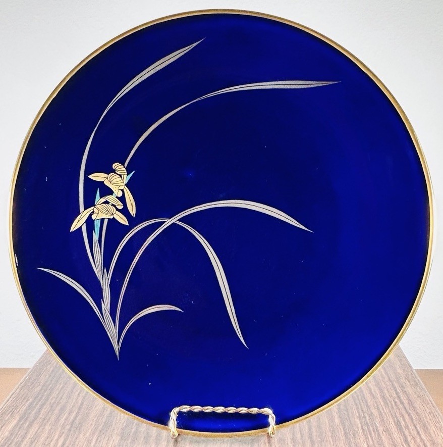 Vintage Koransha Japan 12” Cobalt Blue Orchid Porcelain Plate Shirokiya Boxed