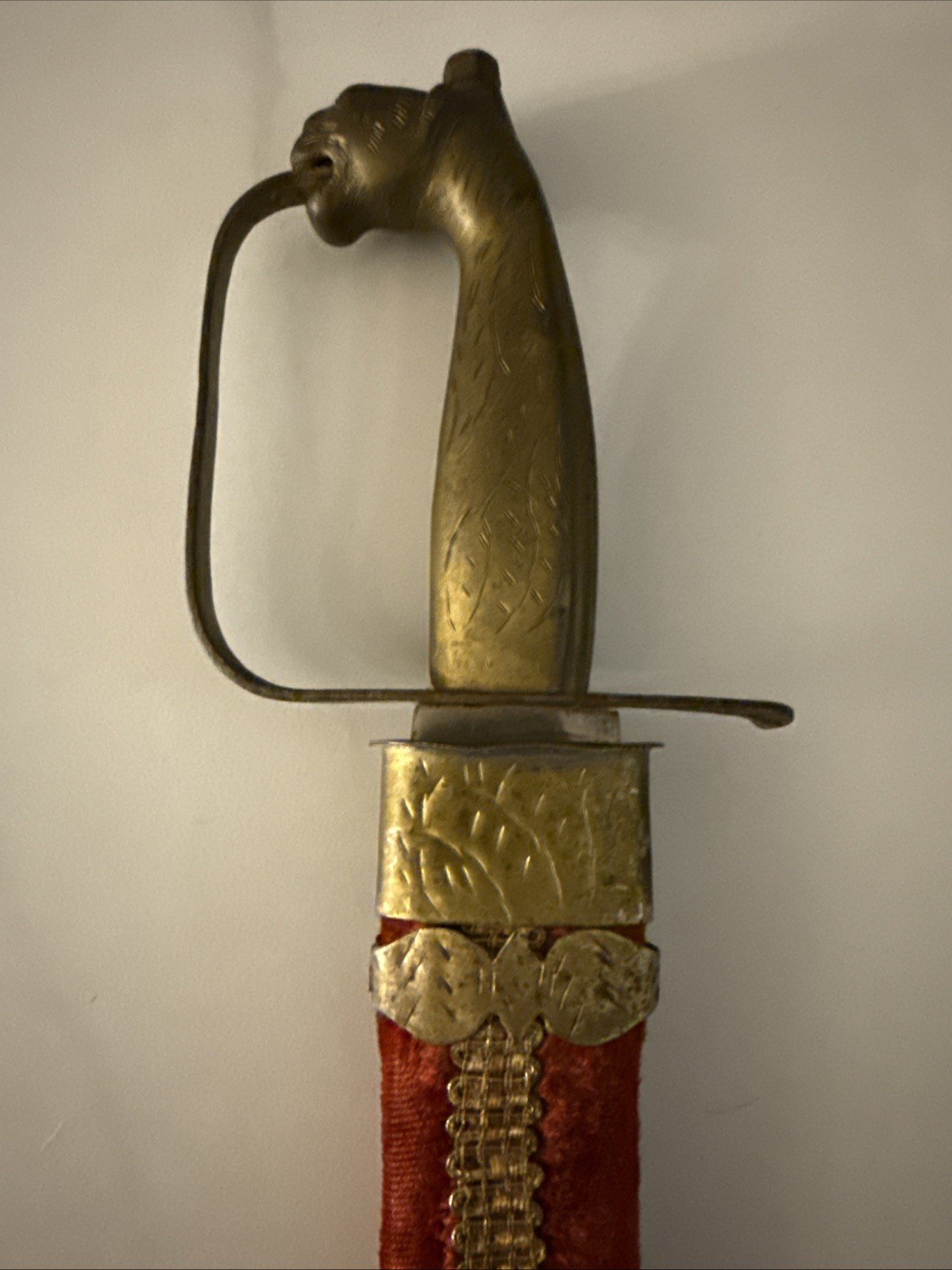 Vintage Indian Sikh Kirpan Dagger Lion Head Engraved Blade Velvet Sheath 13.5”