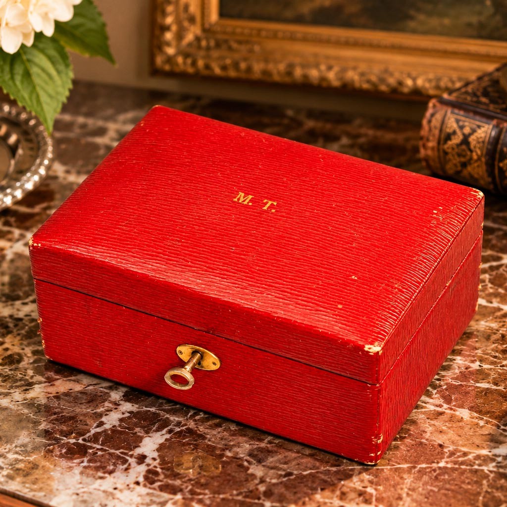 Nice Antique Mark Cross Red Leather Jewelry Box Luxury Case with Lock & Key 