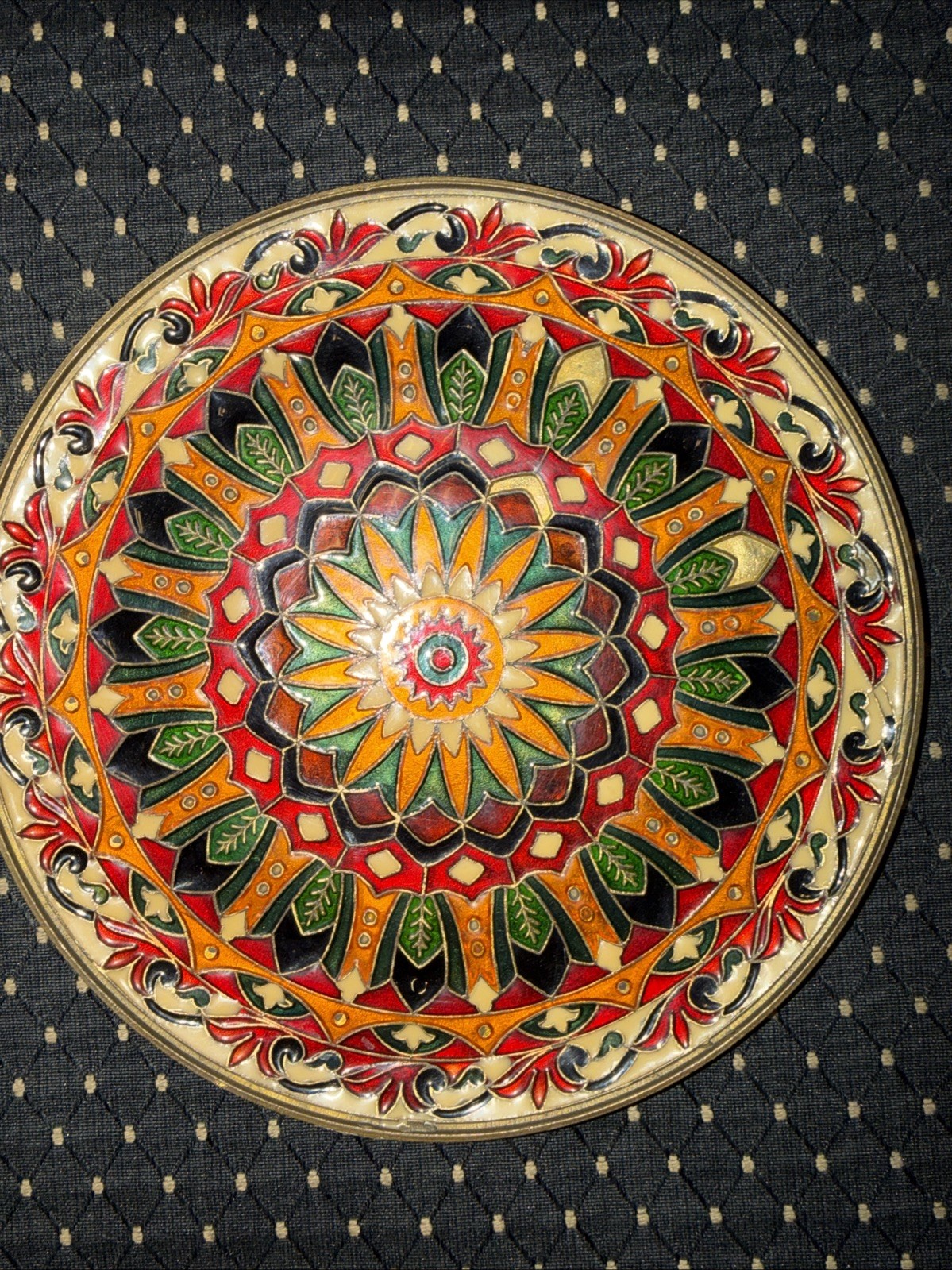 Vintage Greek Byzantine Cloisonné Mosaic Enameled Bronze Wall Plate 7 5/8\