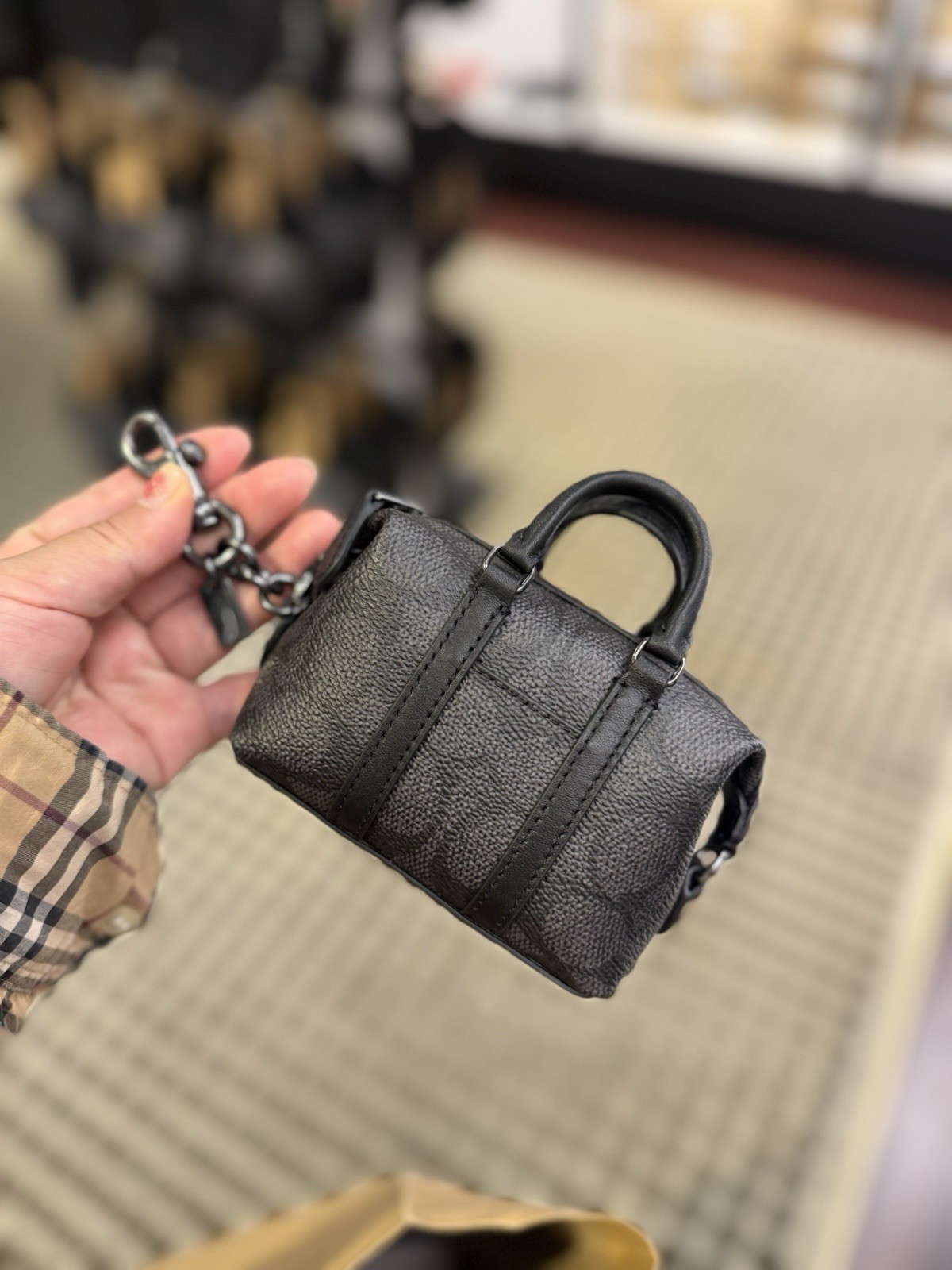 coach Mini Trekker Bag Charm In Signature Canvas Gunmetal/Charcoal/Black cbk63