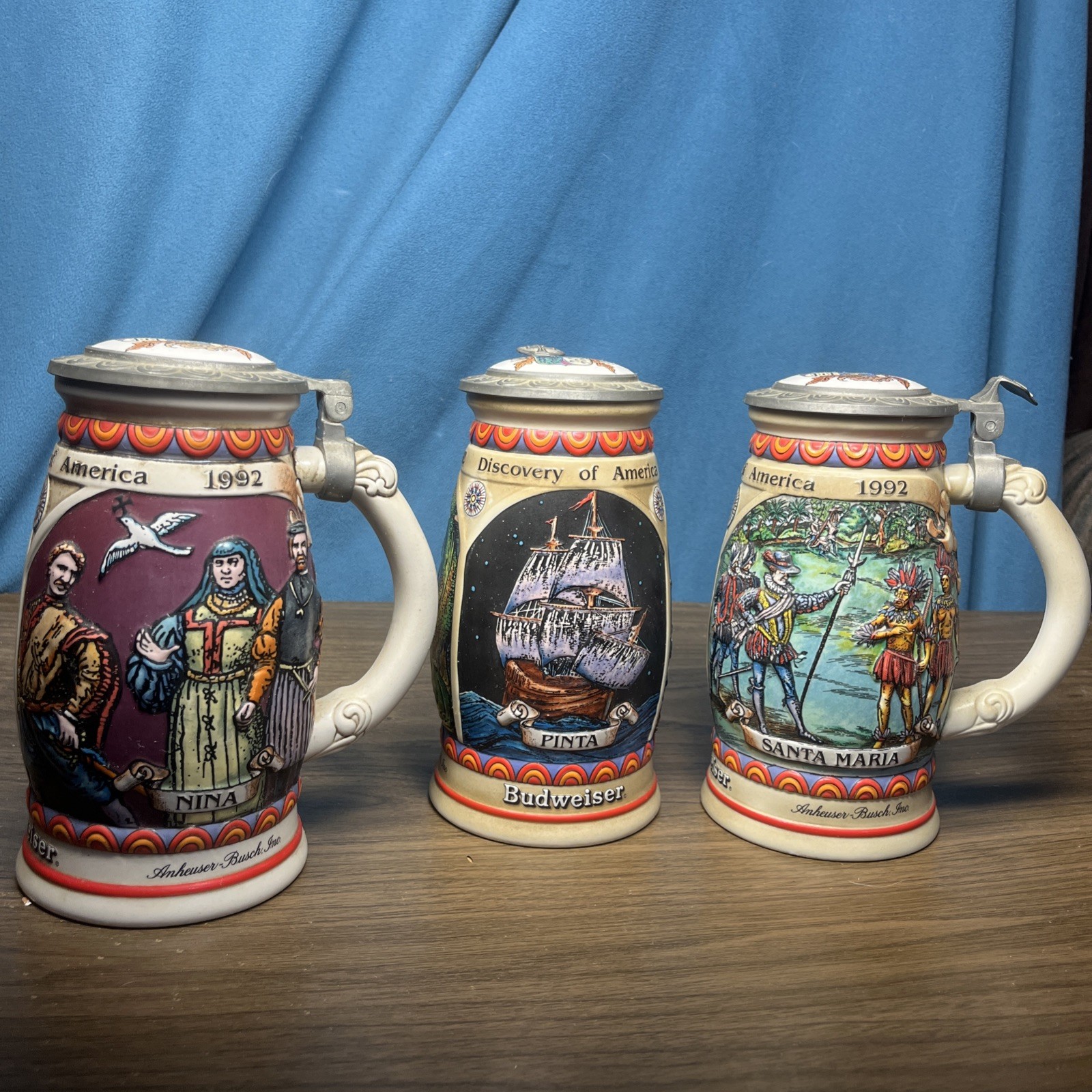 Budweiser Discover America Series 1992 set of 3 Steins Nina Pinta & Santa Maria
