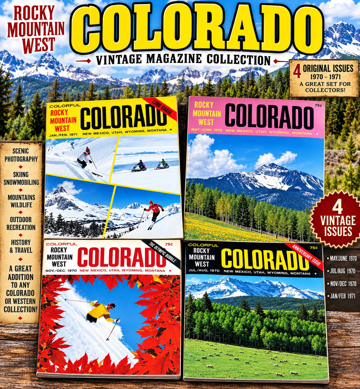 COLLECTIBLE VINTAGE COLORFUL COLORADO ROCKY MOUNTAIN WEST MAGAZINE LOT 1970–1971