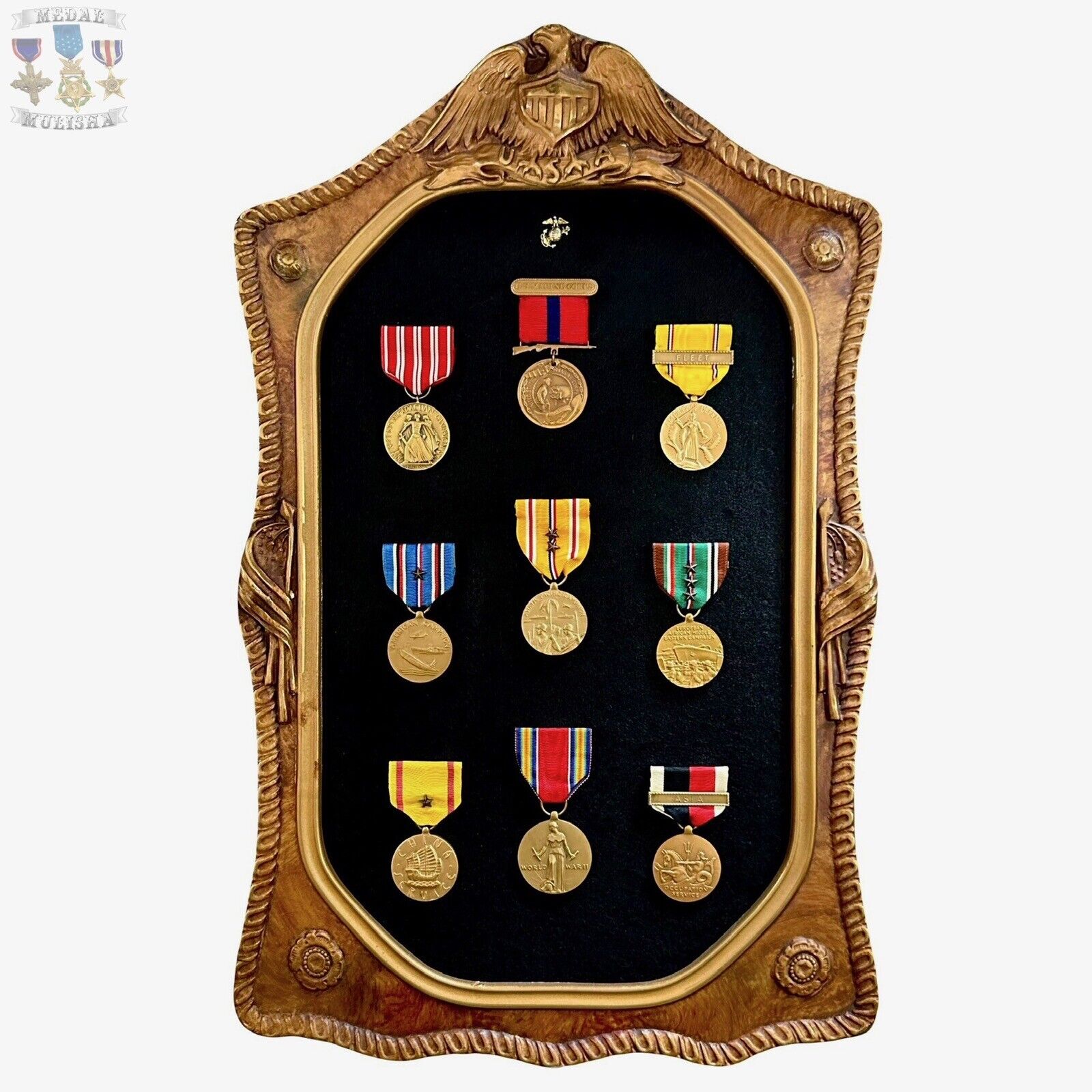 1920’S - WWII MARINE CORPS GOOD CONDUCT & CAMPAIGN MEDALS BUBBLE GLASS FRAME WW2