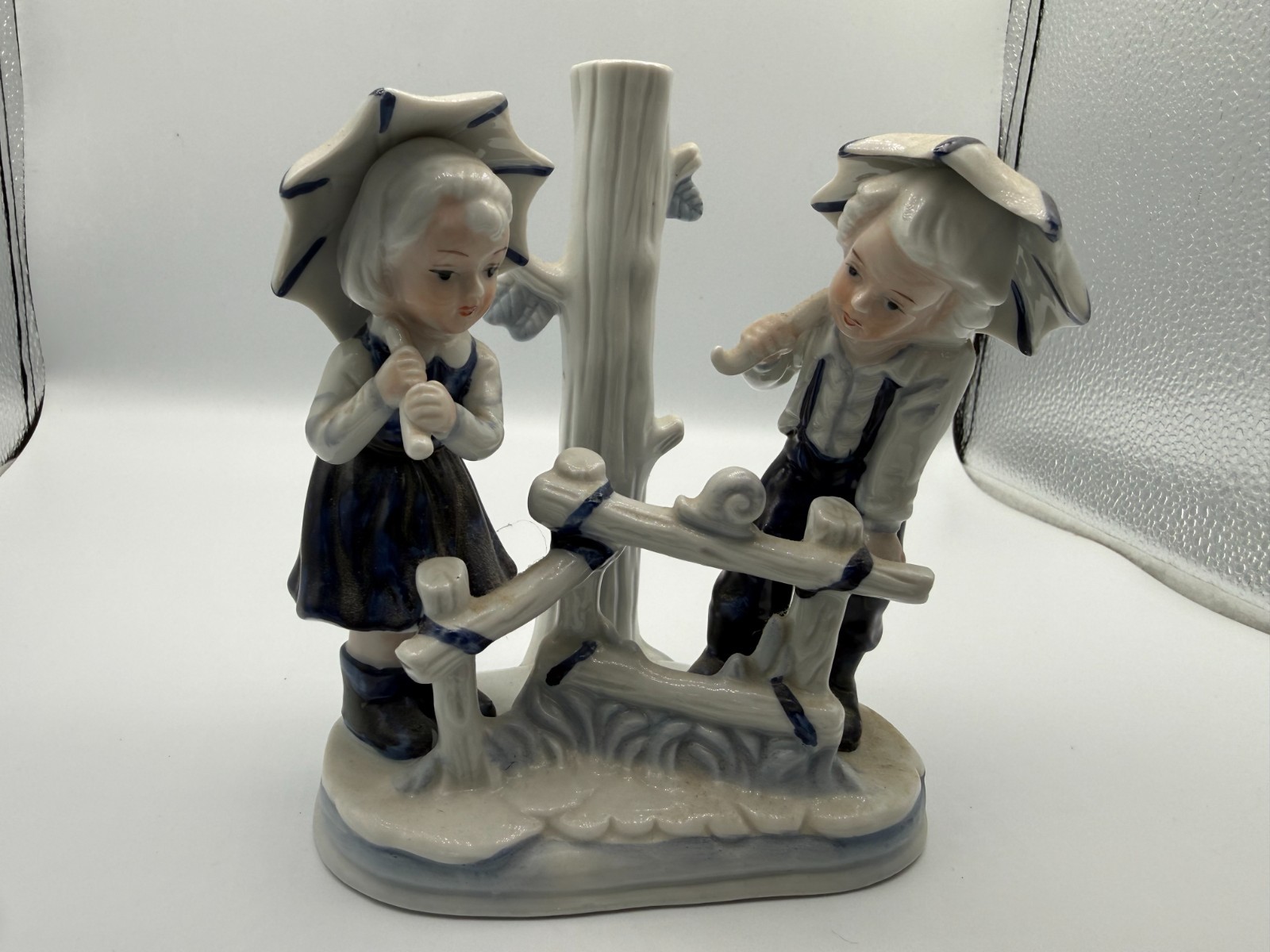 VTG Blue & White Porcelain Boy Girl Umbrella Figurine Bud Vase Hummel Style 5.5\