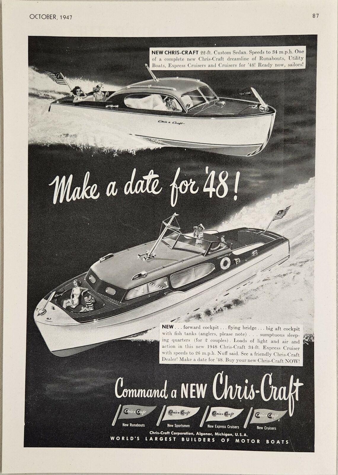 1947 Print Ad Chris-Craft 22' Custom Sedan & 34' Express Algonac,Michigan