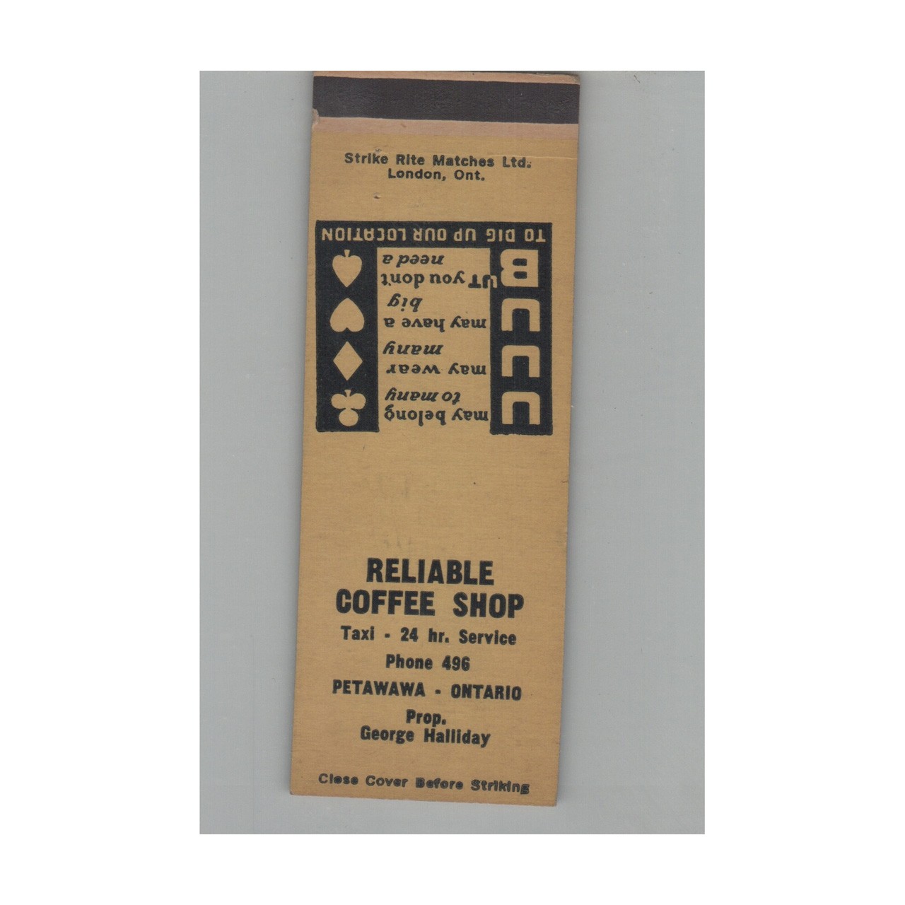 Matchbook Cover Reliable Coffee Shop Petawawa ON