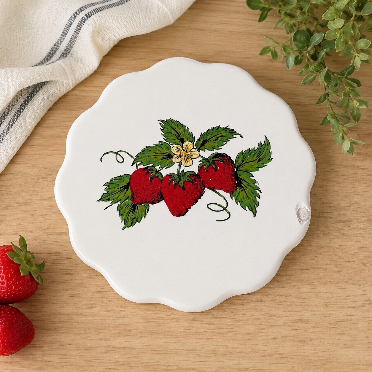 Vintage CAPE Craftsmen Strawberry Ceramic Trivet Scalloped USA Cottagecore