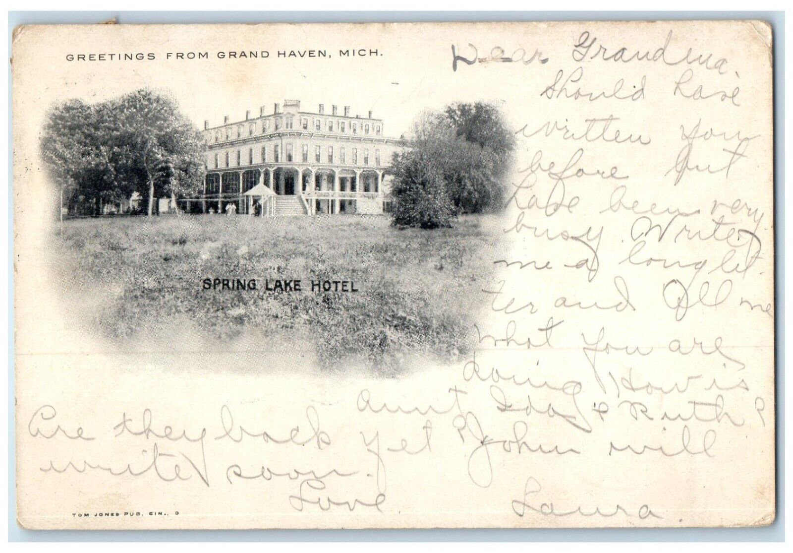 1907 Exterior Spring Lake Hotel Greetings From Grand Haven Michigan MI Postcard