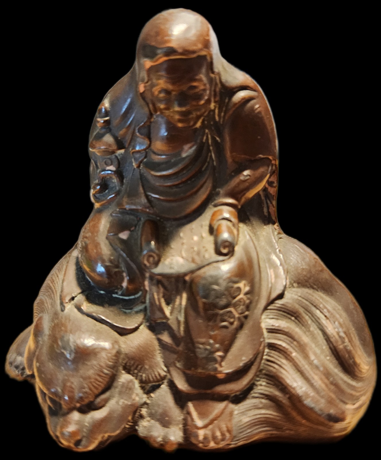 Old Japanese Bronze Sculpture Zen Master Sitting Reading Scroll Daruma Figure 